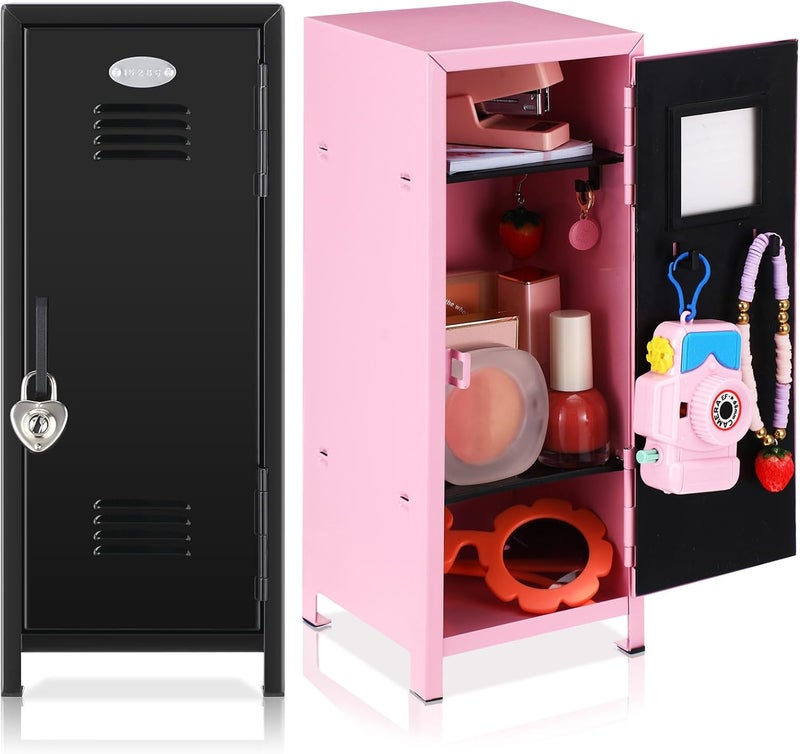 Vercraft 2 Pcs Mini Metal Locker Storage with Lock and 2 Keys 10.8 Inch Small Money Security and Cash Safe Box for Jewelry Back to School Home Office Desktop Container(Pink,Black) - Image 1